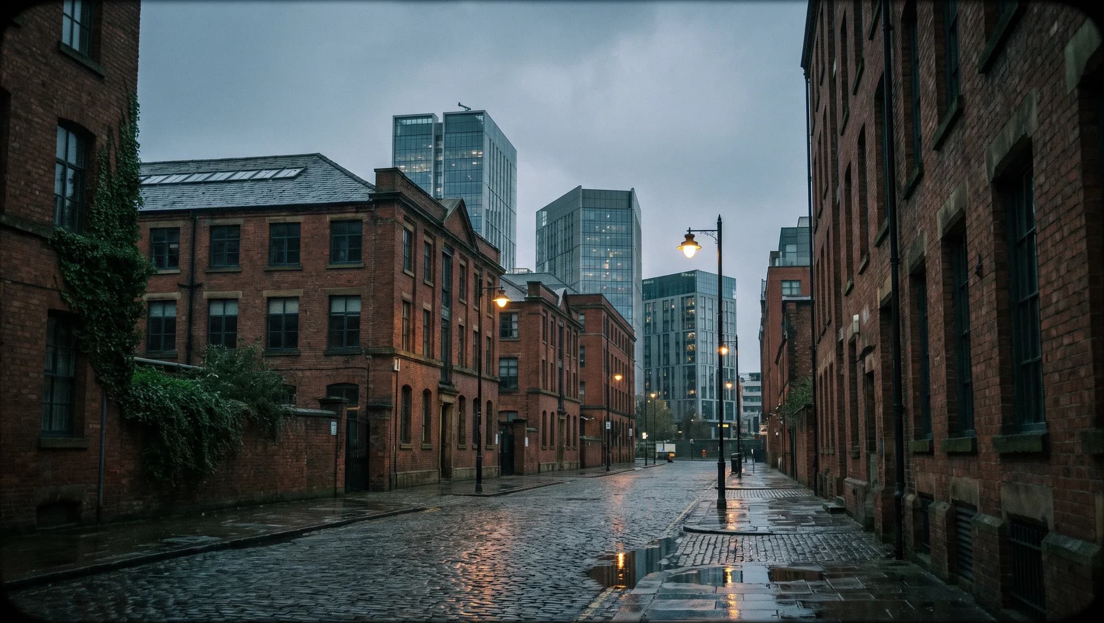 A cobbled street between Victorian mill buildings and modern towers in central Manchester at dusk