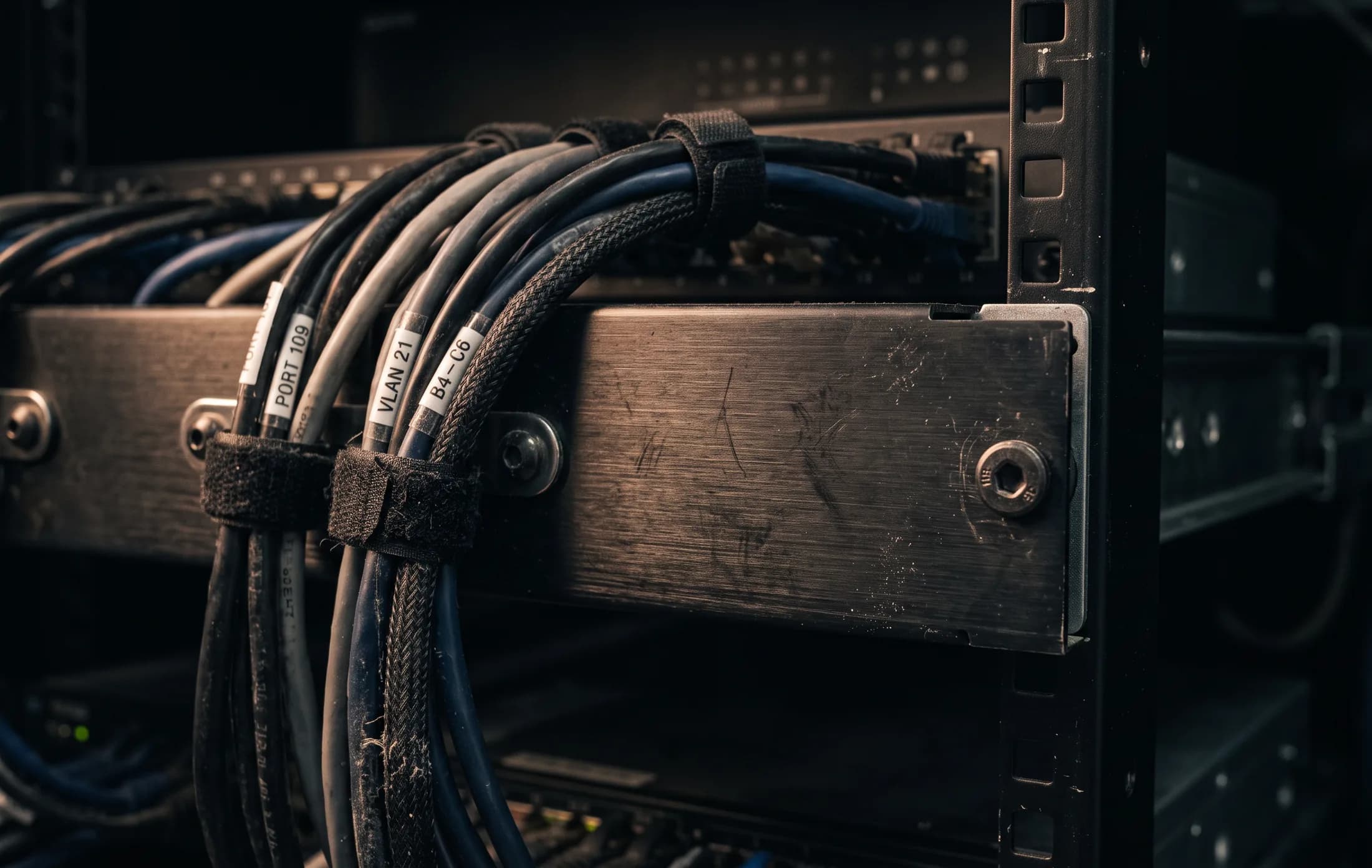 Close detail of a server rack and bundled network cabling in low light