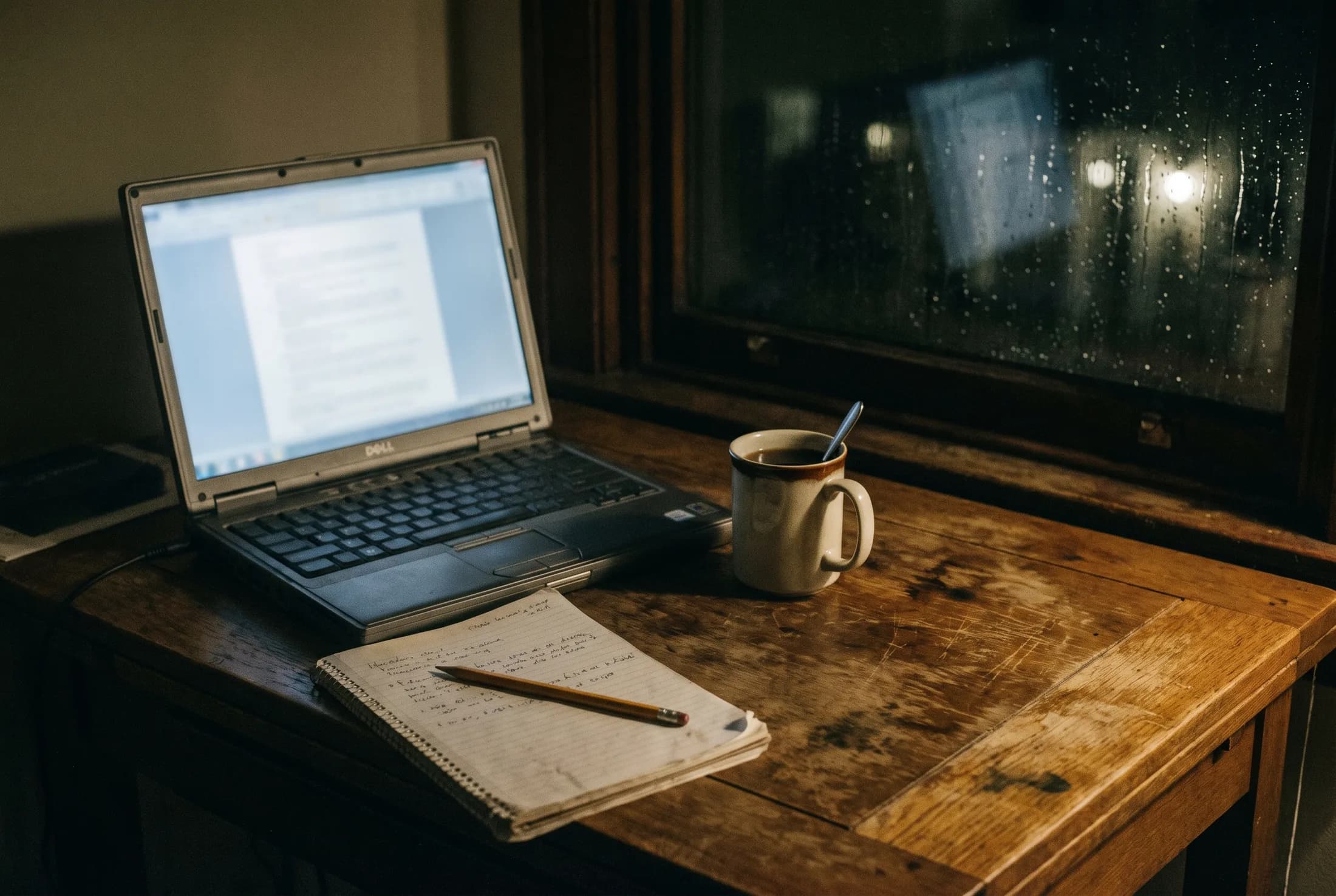 An open laptop and notebook on a worn oak desk late at night, rain on the window behind