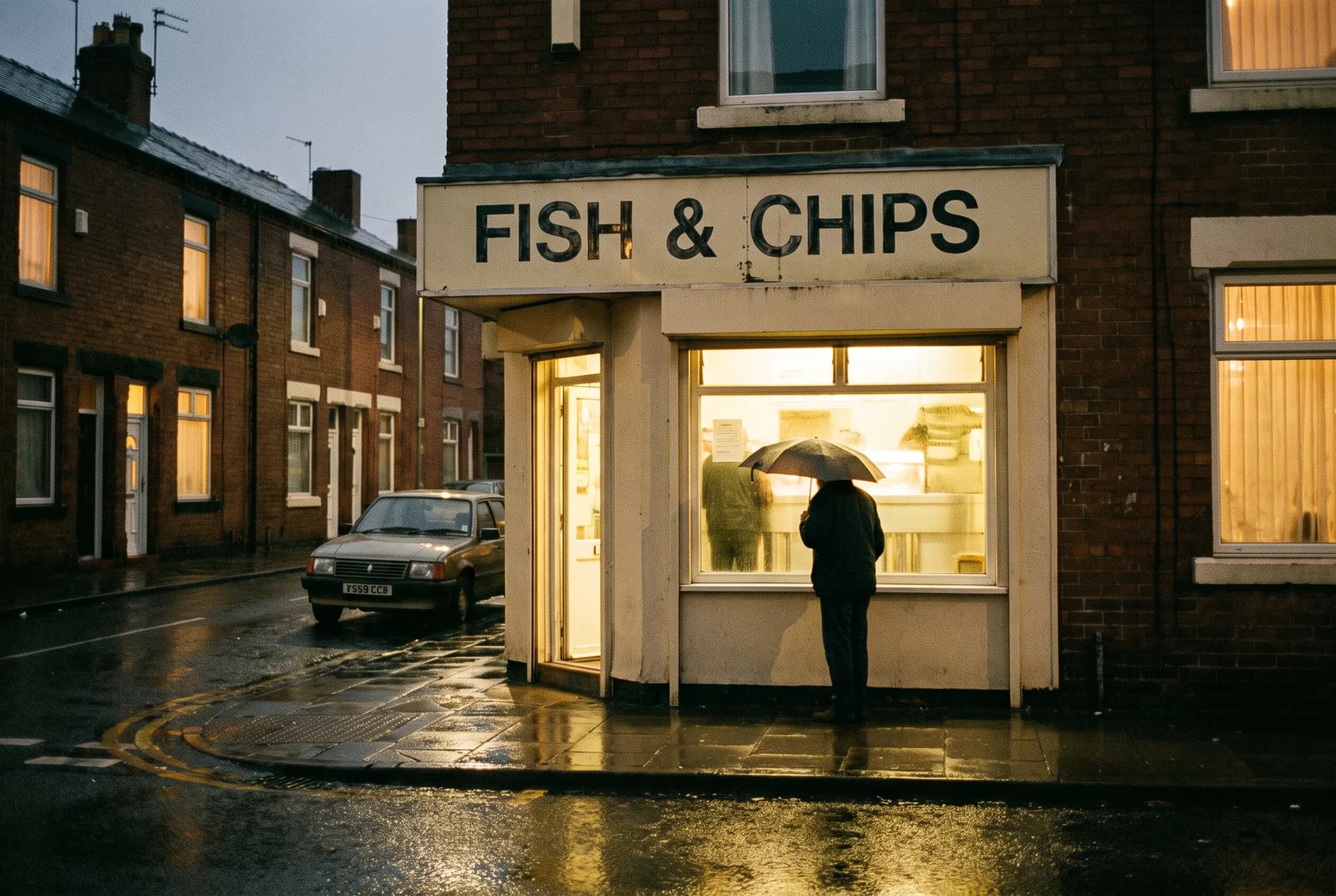 A small independent takeaway shopfront at night in the rain, warm light on wet pavement