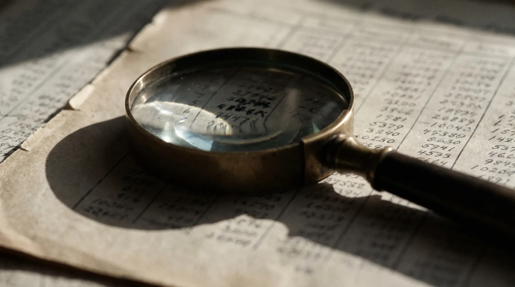 A magnifying glass resting on a dense printed table of figures
