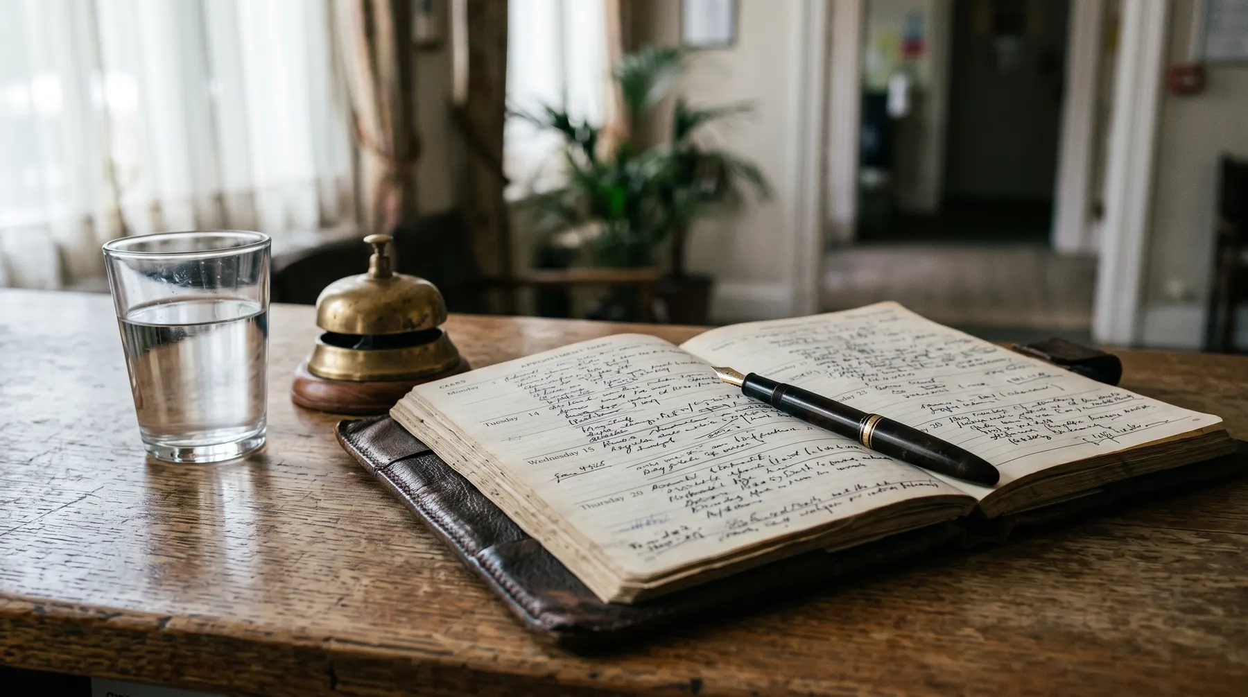 A leather bound appointment diary open on a reception desk