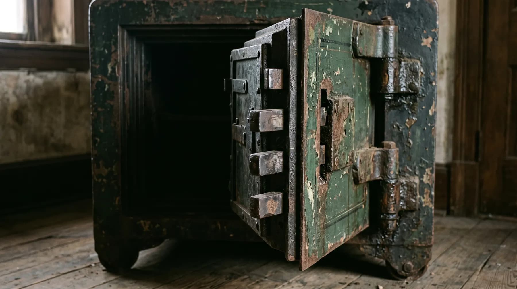 The bolt work of a heavy Victorian safe door standing ajar