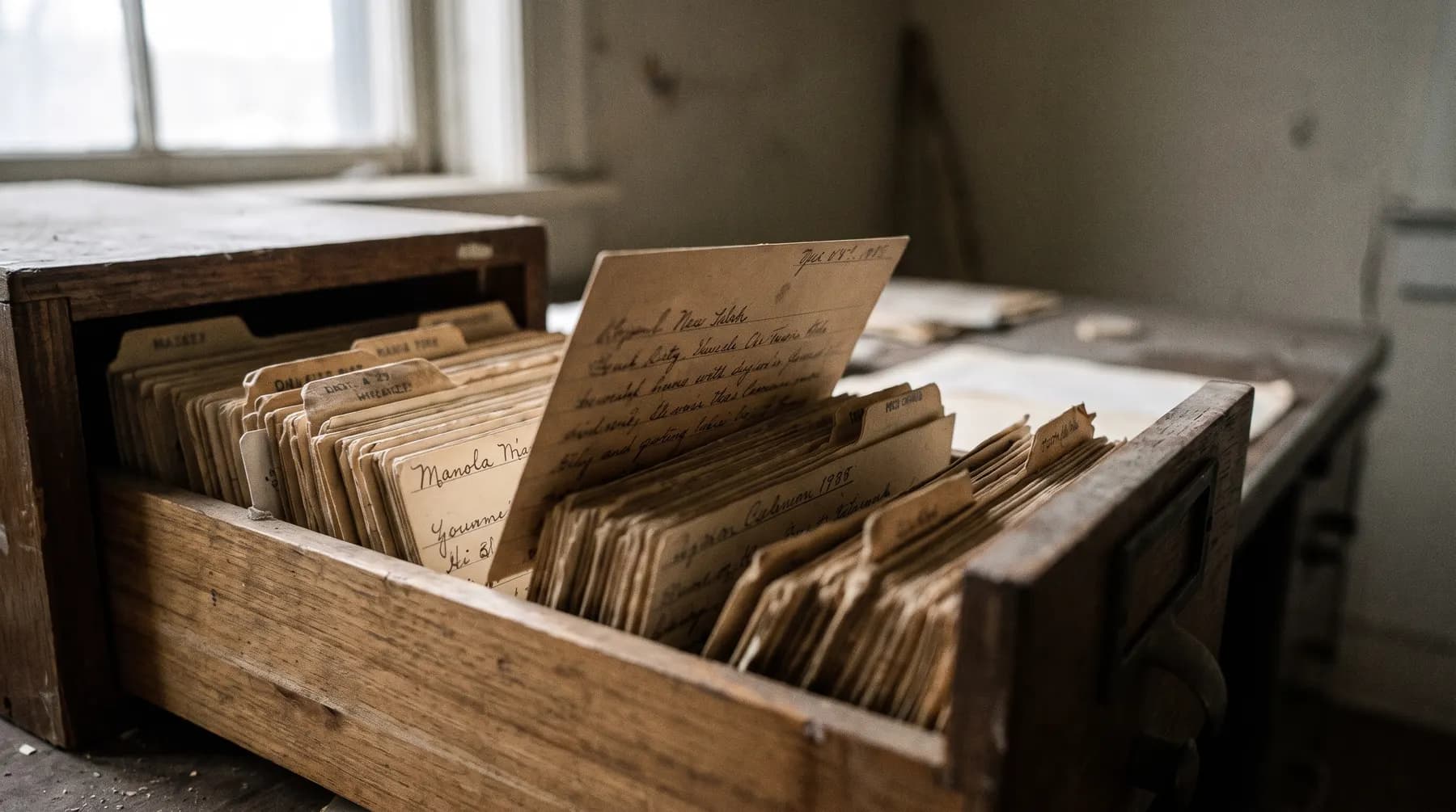 A wooden card index drawer pulled open, one record card standing proud