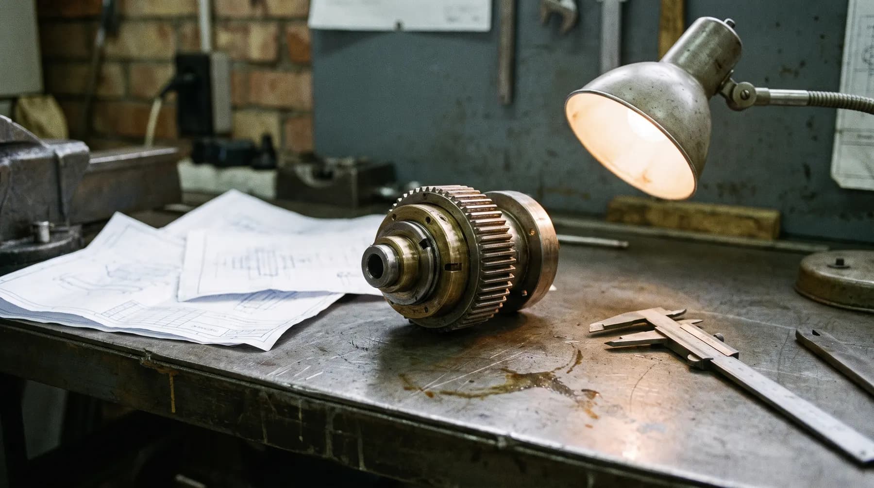 A precision machined component on an engineer’s workbench beside technical drawings