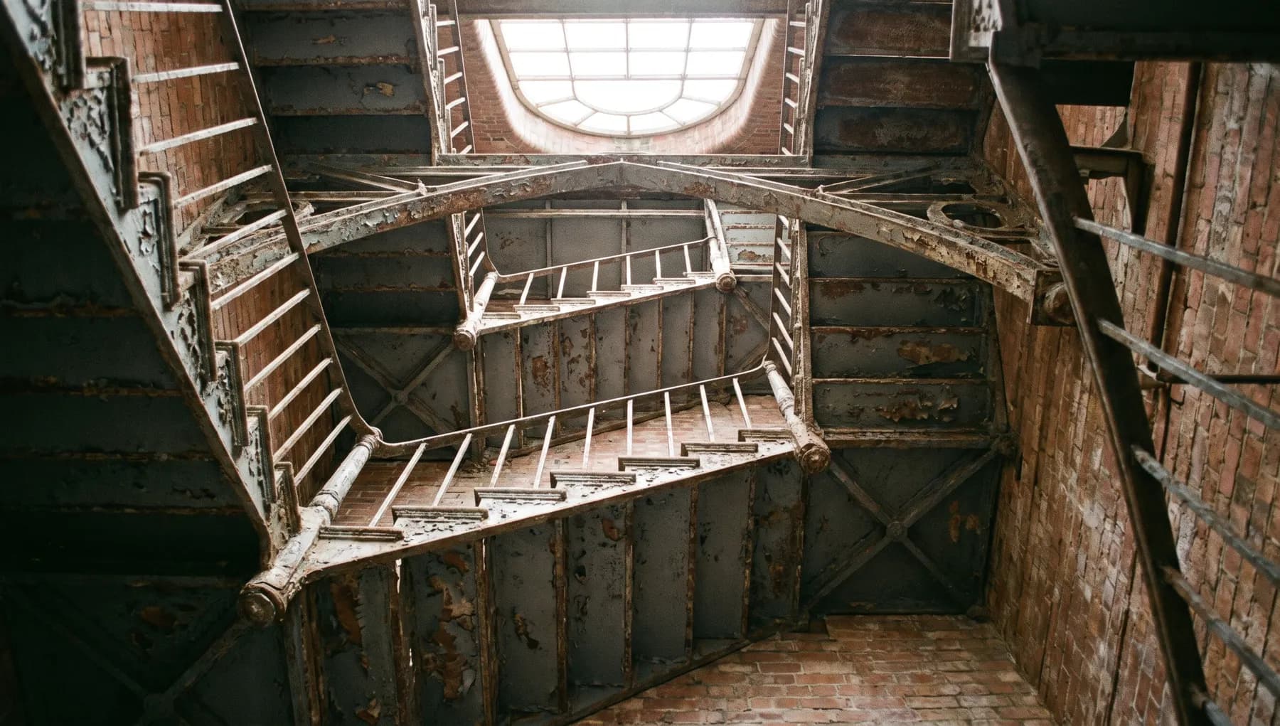 A cast iron spiral staircase inside a converted red brick mill