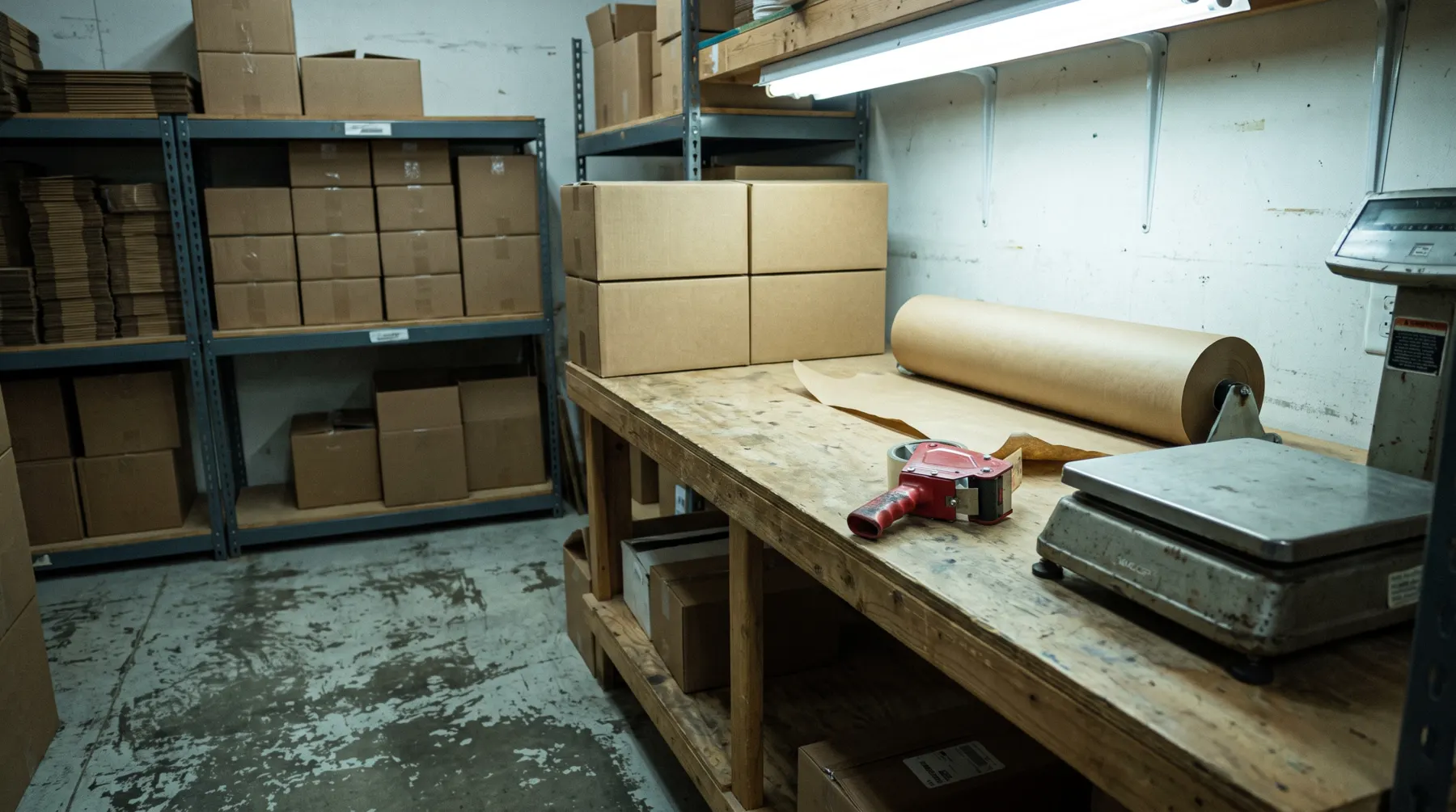 A packing bench stacked with plain kraft boxes and a tape gun
