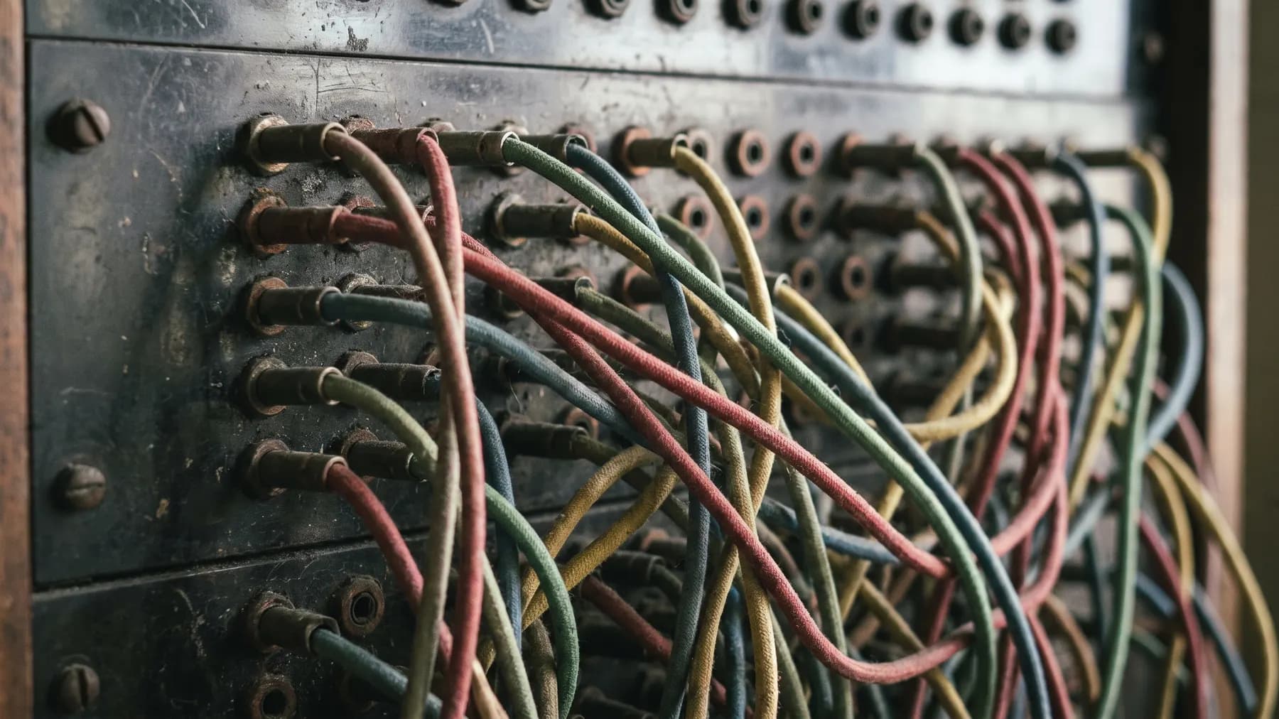 A patch panel of coloured jumper cables cross connected between ports