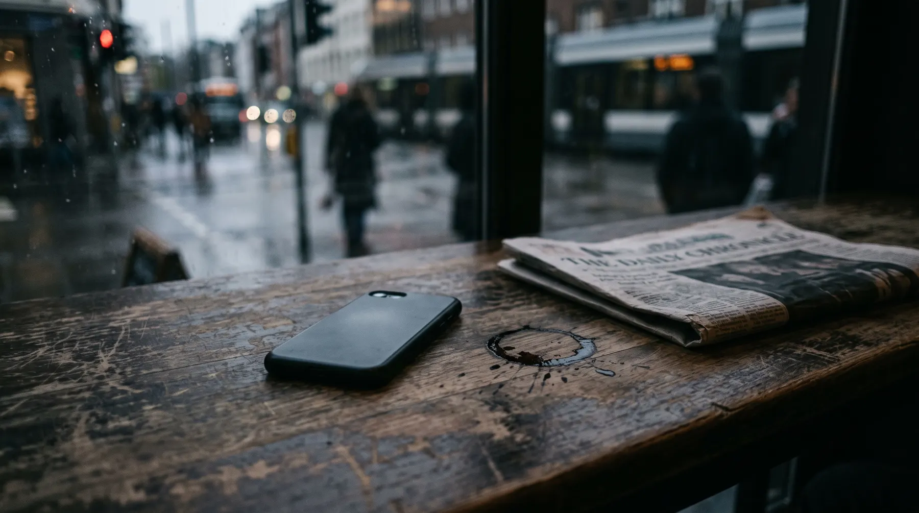 A phone face down on a worn cafe table in evening light