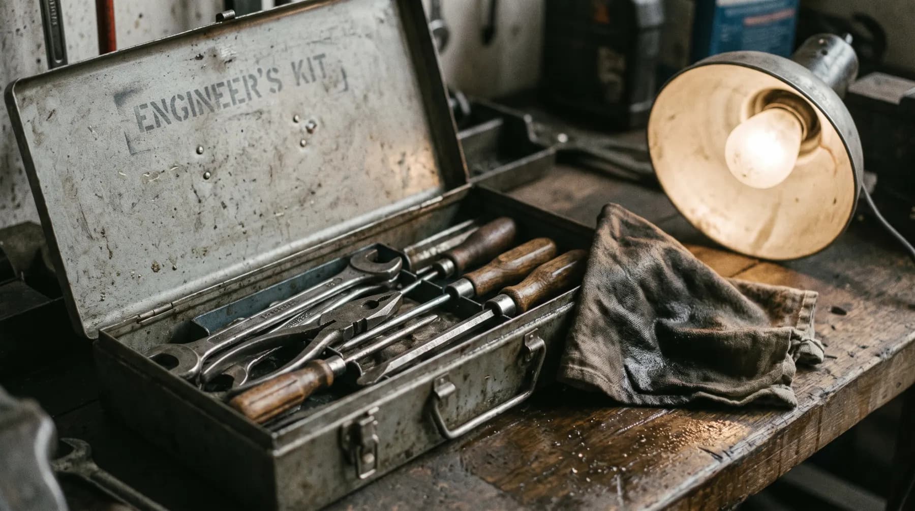 A well used engineer’s toolbox open on a workbench