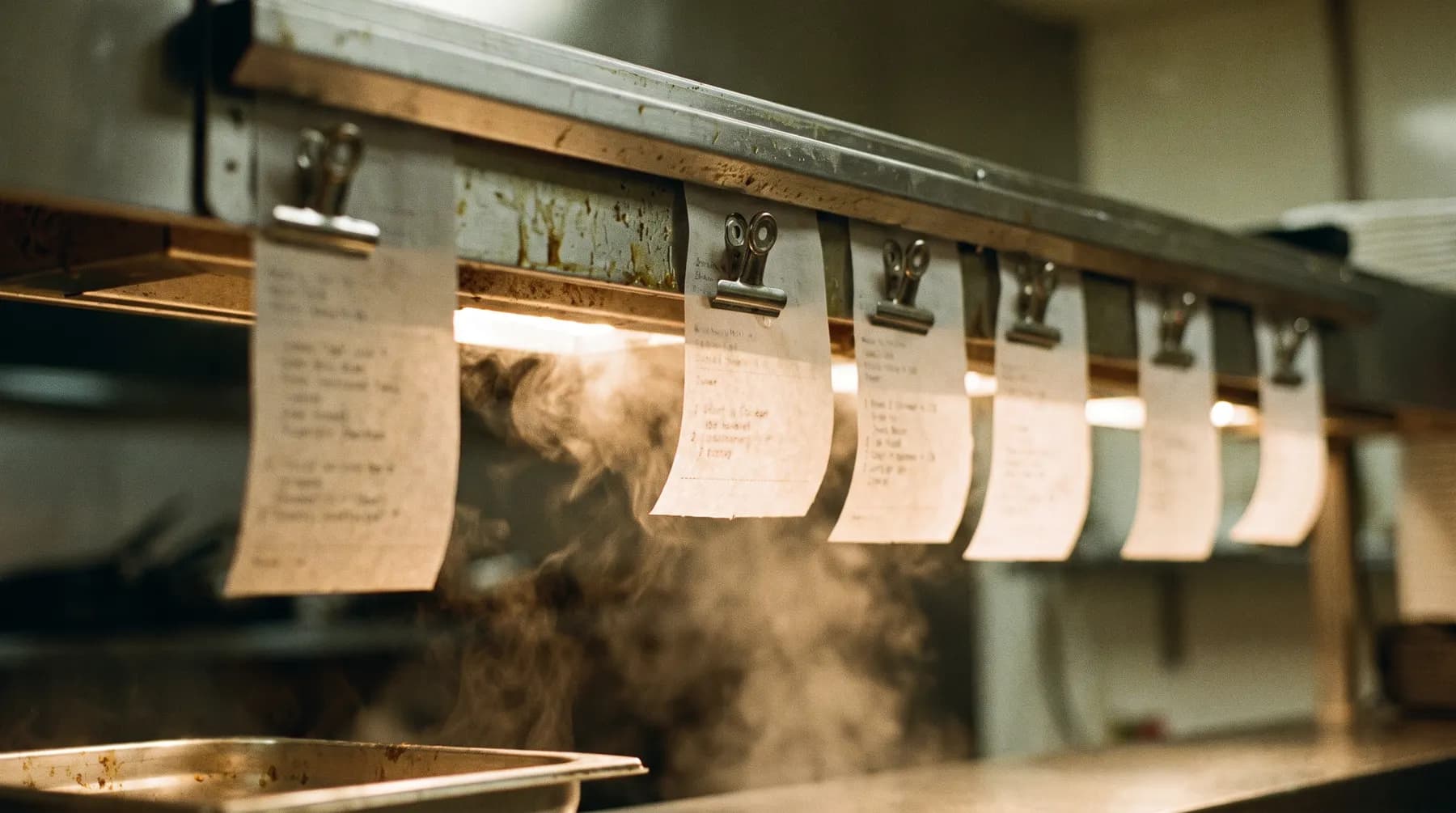 Paper order tickets clipped along a stainless rail above a kitchen pass