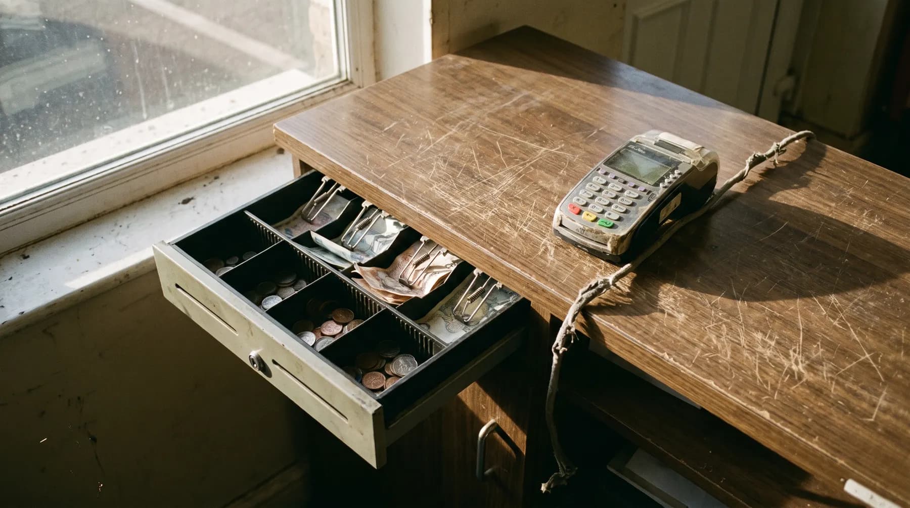 An open cash drawer and card terminal on a worn shop counter