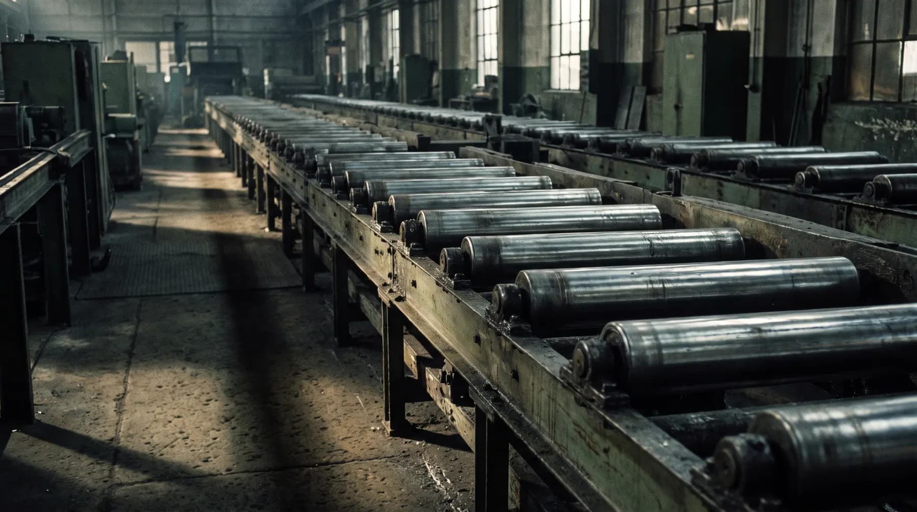 Industrial conveyor rollers running away into shadow