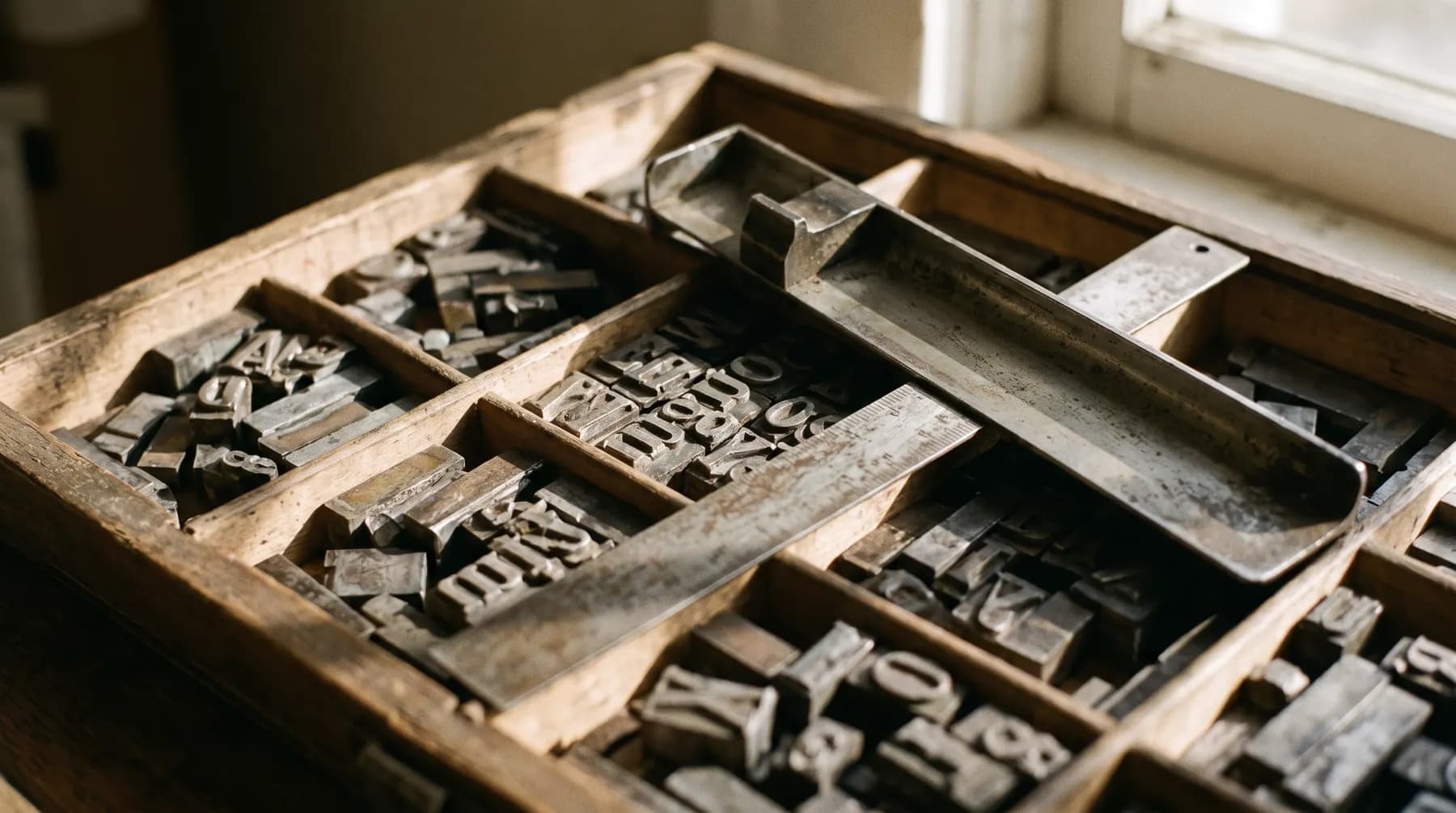 A letterpress type case filled with metal type, lit from the side